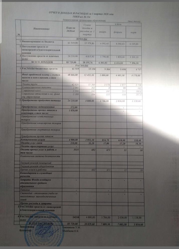 Отчет о доходах и расходах за Іквартал 2020 г.